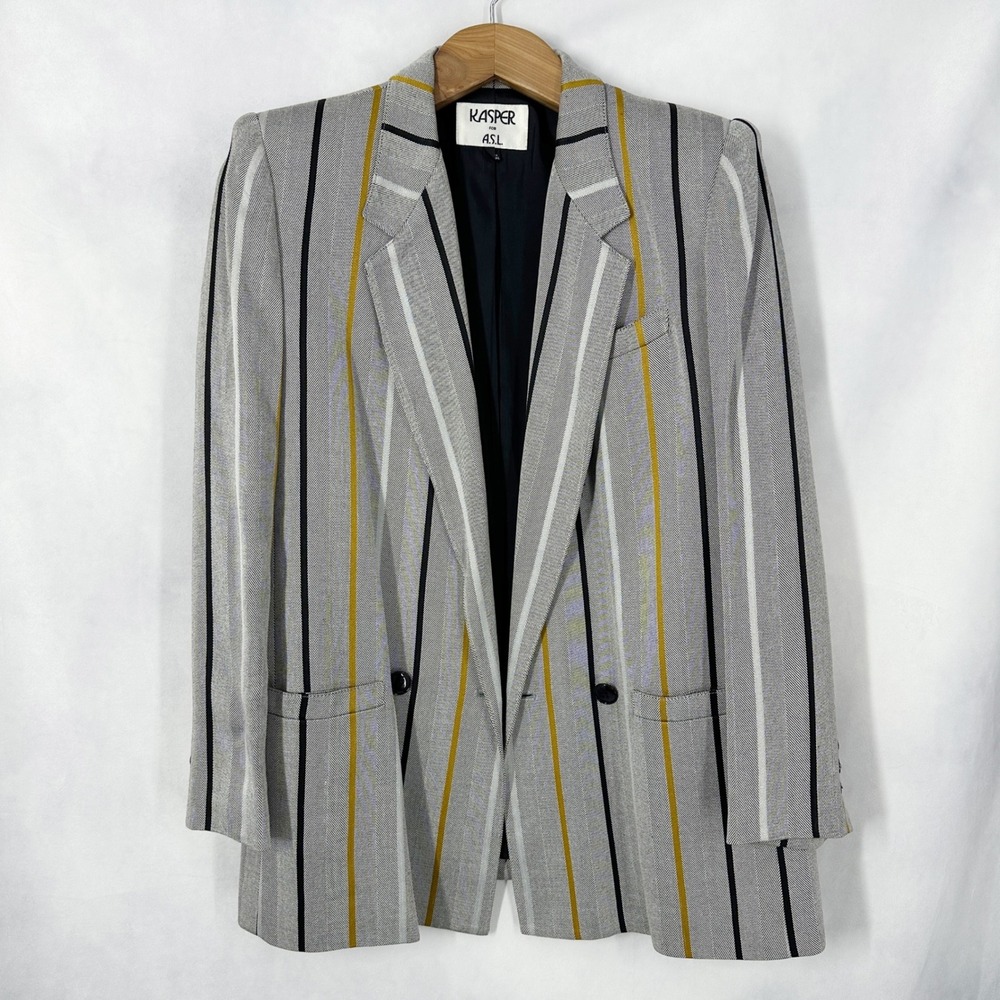 90s Vintage Indie Striped Grey Yellow Blazer by Kasper for ASL Women's Size 10